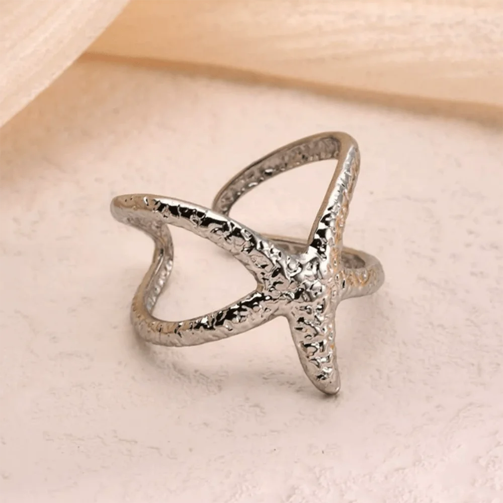 Beach Style Stainless Steel Star-Shaped Open Ring Simple Fashion Personality Commuter Hollow Hand Jewelry Jewelry Gift