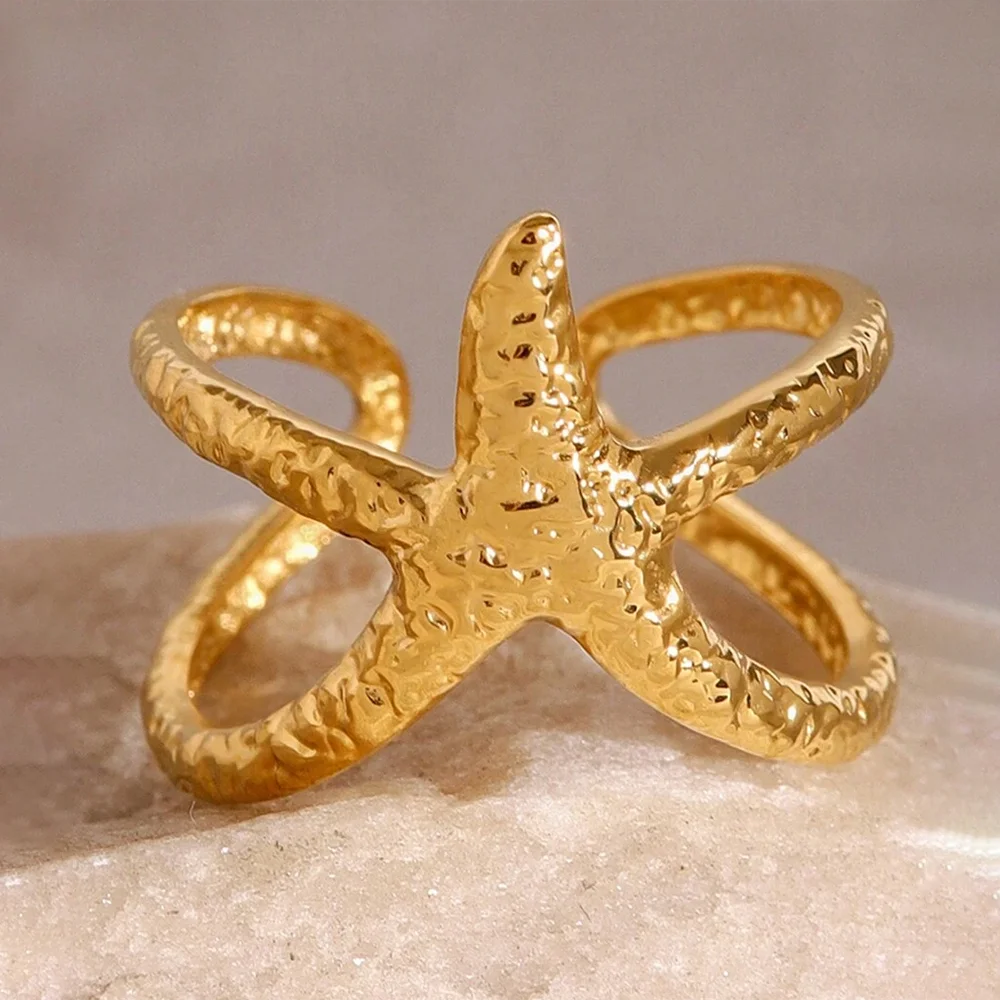 Beach Style Stainless Steel Star-Shaped Open Ring Simple Fashion Personality Commuter Hollow Hand Jewelry Jewelry Gift