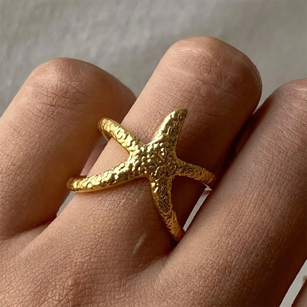 Beach Style Stainless Steel Star-Shaped Open Ring Simple Fashion Personality Commuter Hollow Hand Jewelry Jewelry Gift