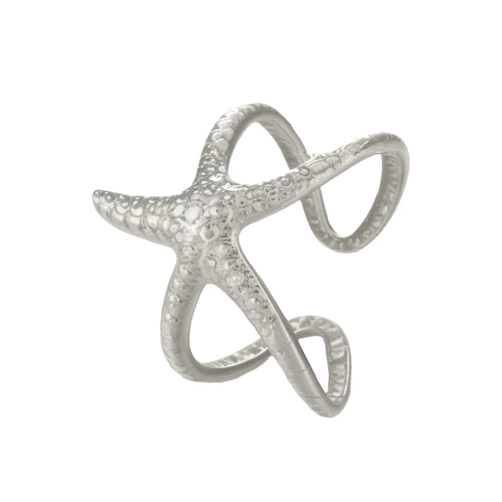 Beach Style Stainless Steel Star-Shaped Open Ring Simple Fashion Personality Commuter Hollow Hand Jewelry Jewelry Gift