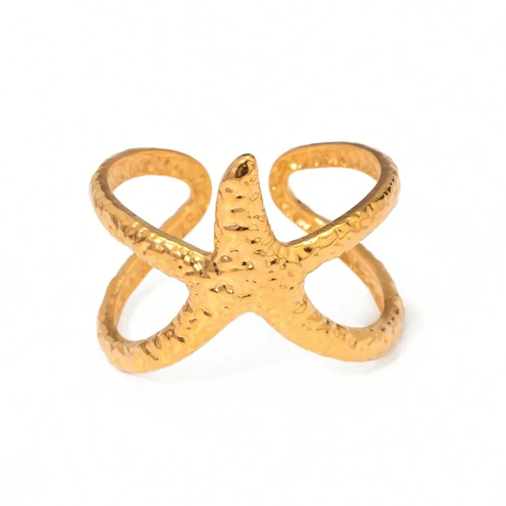 Beach Style Stainless Steel Star-Shaped Open Ring Simple Fashion Personality Commuter Hollow Hand Jewelry Jewelry Gift