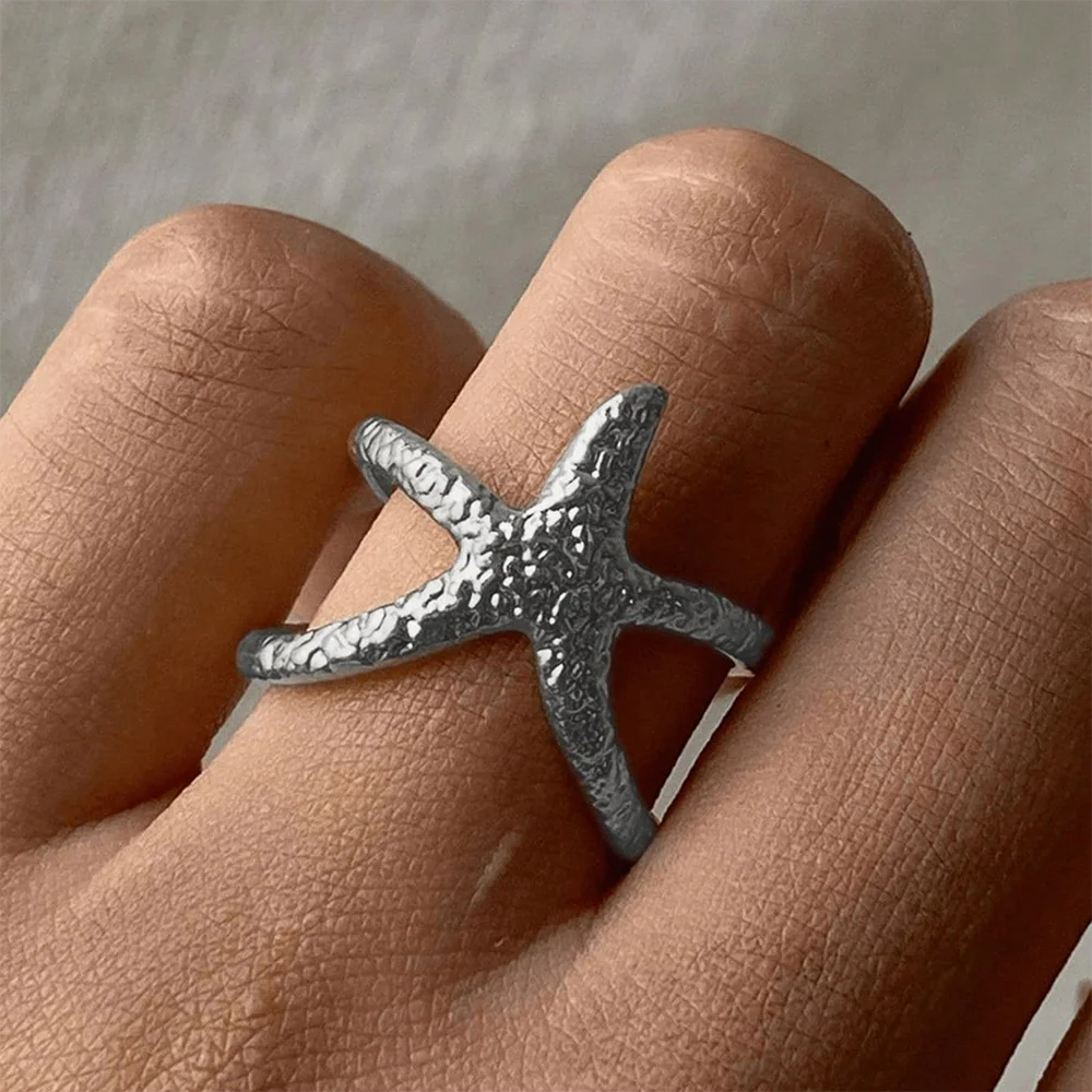 Beach Style Stainless Steel Star-Shaped Open Ring Simple Fashion Personality Commuter Hollow Hand Jewelry Jewelry Gift