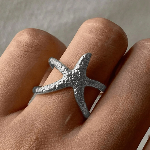 Beach Style Stainless Steel Star-Shaped Open Ring Simple Fashion Personality Commuter Hollow Hand Jewelry Jewelry Gift