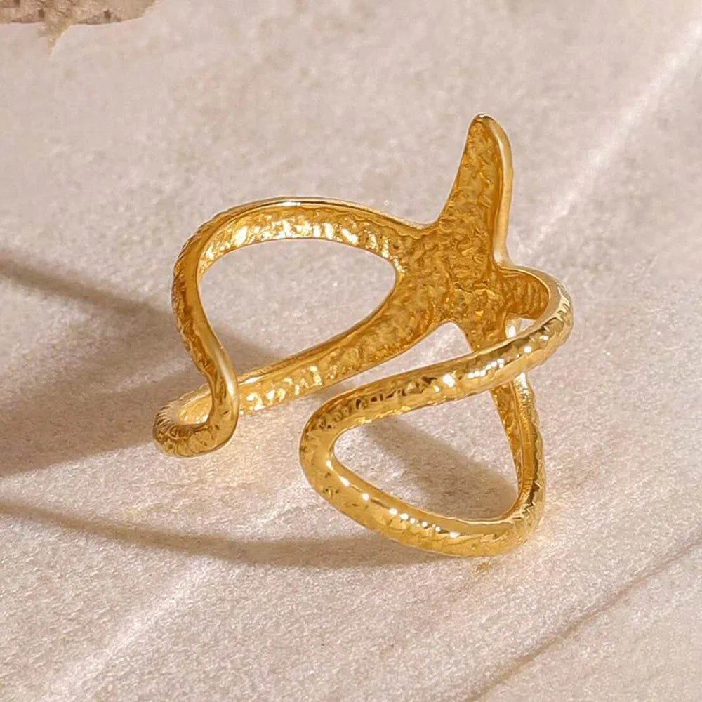 Beach Style Stainless Steel Star-Shaped Open Ring Simple Fashion Personality Commuter Hollow Hand Jewelry Jewelry Gift
